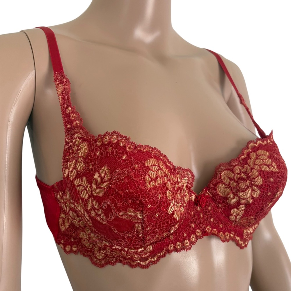 Victoria's Secret Vintage 90's Red Gold Floral Lace Underwire Bra 34A Deadstock - Picture 2 of 8